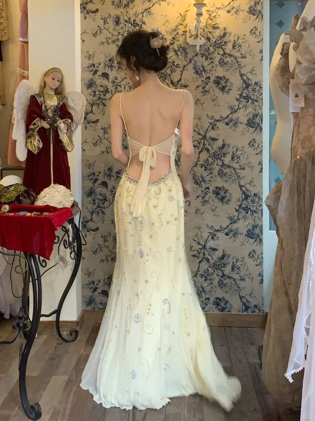 Vintage Light Yellow Spaghetti Strap Exquisite Rhinestone Chiffon Prom Dress 22th Birthday Dress DP3930