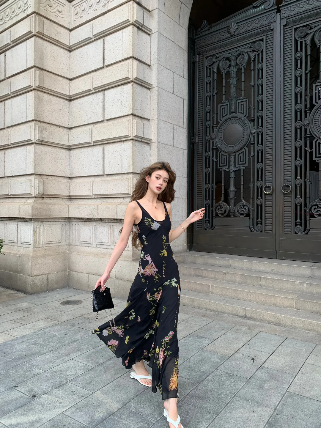 Charming A Line Spaghetti Strap Print Floral Black Chiffon Prom Dress Outfits DP4000