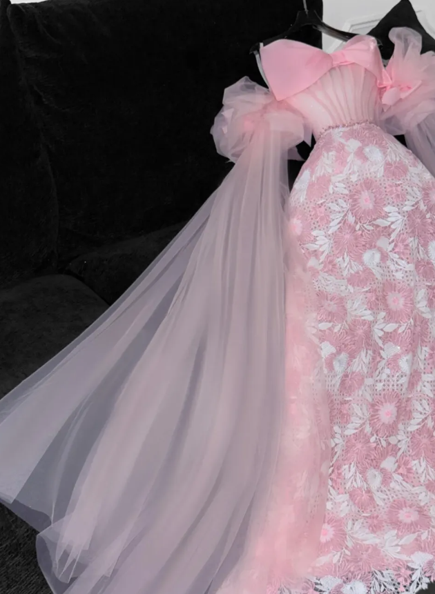 Pink Princess A Line Long Sleeve Organza Lace Prom Dress Birthday Dress Party Dress DP3087