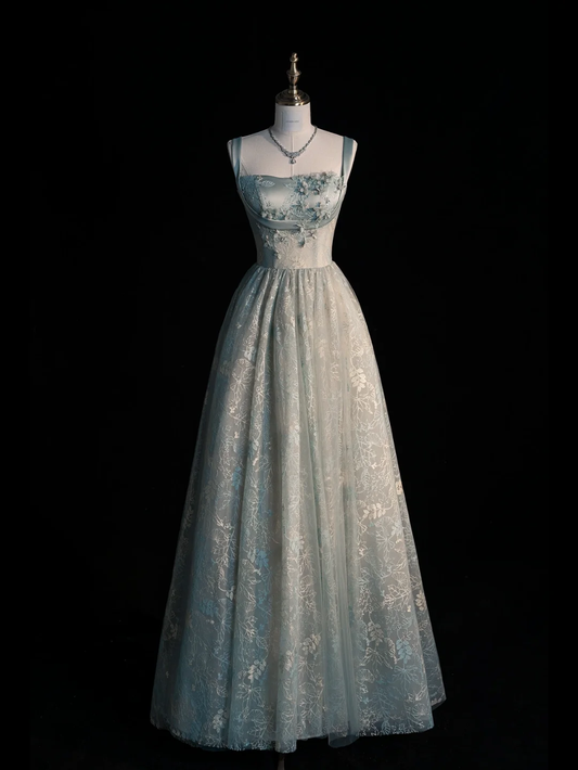 Elegant A Line Strap Flower Blue Satin Tulle Prom Dress Evening Dress DP2179