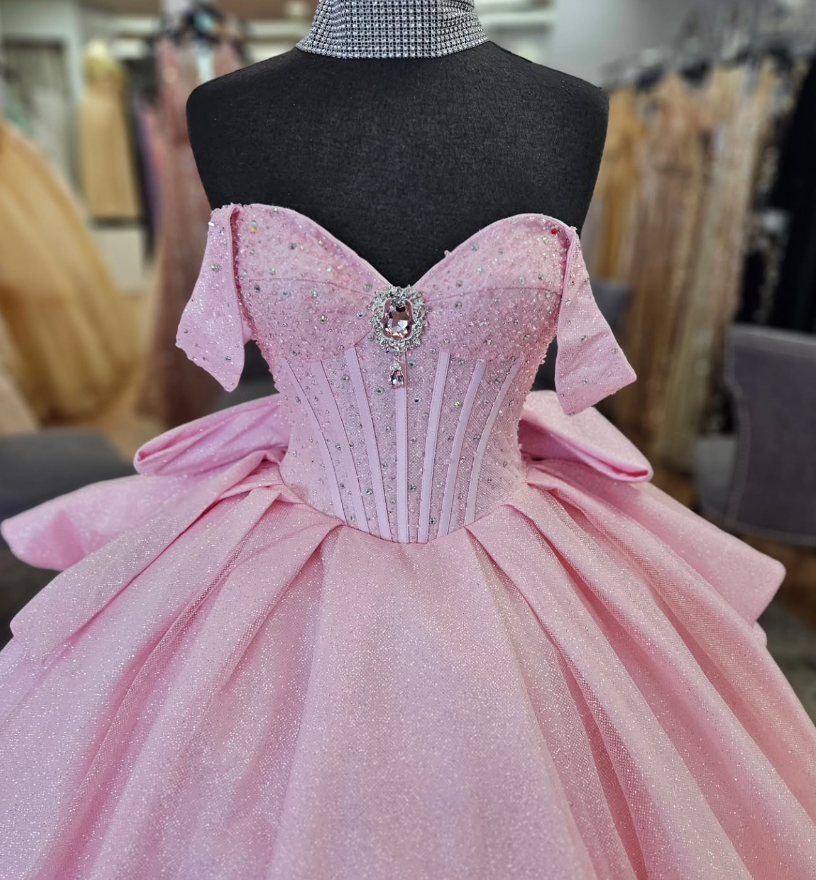 Pink Off the Shoulder Corset Sequin Tulle Ball Gown Sweet 16 Dress Quinceanera Dress DP1740