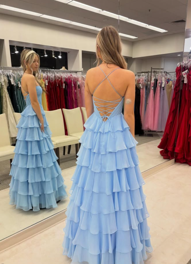Sky Blue A Line Spaghetti Strap Layered Chiffon Long Prom Dress Evening Dress DP5942