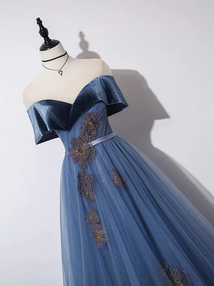 Off Shoulder Tulle Gray Blue Long Prom Dress Formal Evening Dress DP198