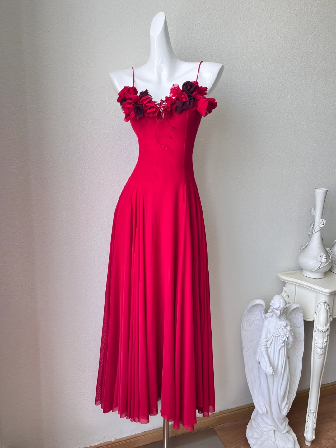 Gentle A Line Spaghetti Strap Red Flower Chiffon Party Dress Cocktail Dress DP2648