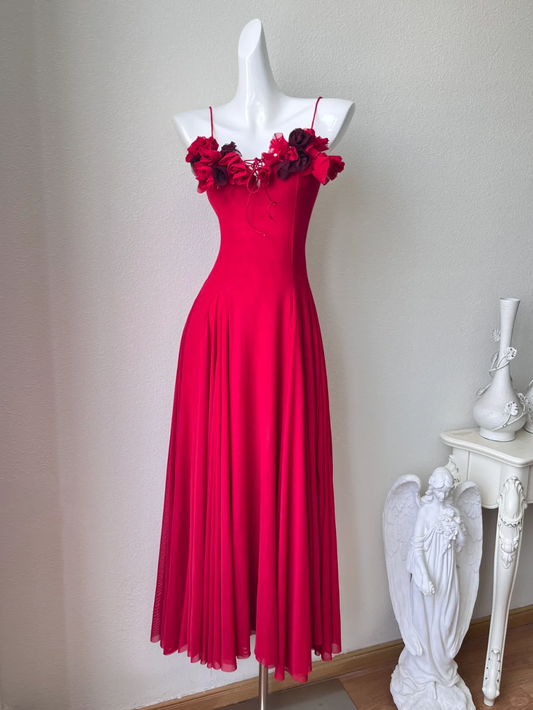 Gentle A Line Spaghetti Strap Red Flower Chiffon Party Dress Cocktail Dress DP2648