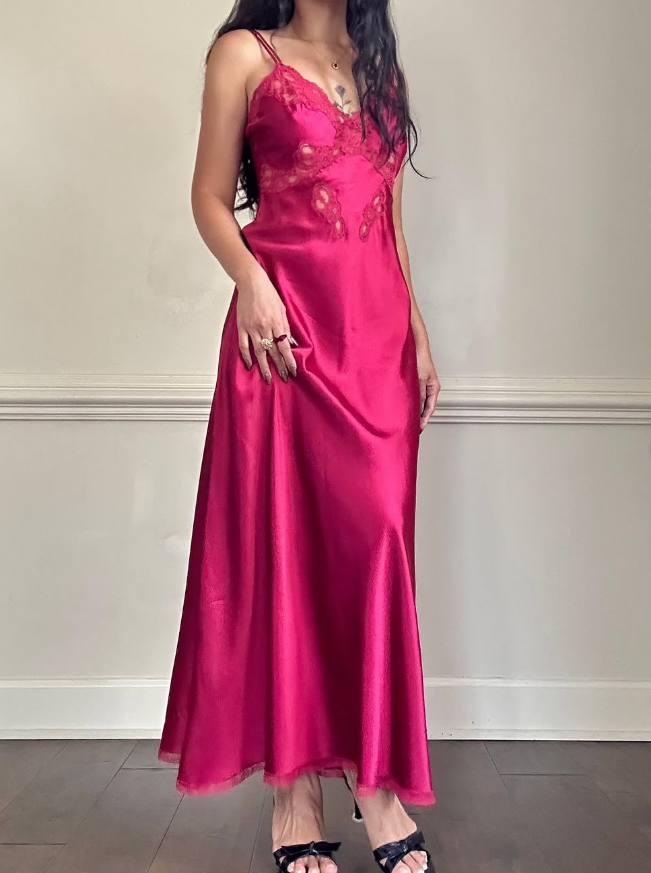 Hot Pink A Line Spaghetti Strap Lace Satin Prom Dress Evening Dress DP1899