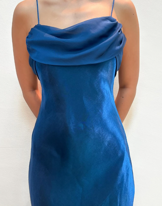 Simple Vintage Sheath Spaghetti Strap Blue Satin Prom Dress Evening Dress DP1667