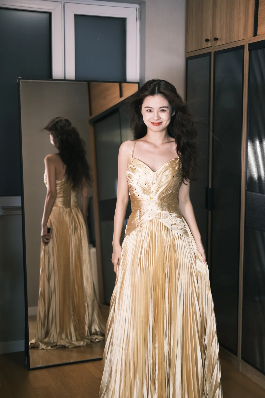 New A Line Spaghetti Strap Beaded Pleated Golden Satin Prom Dress Evening Dress DP2464