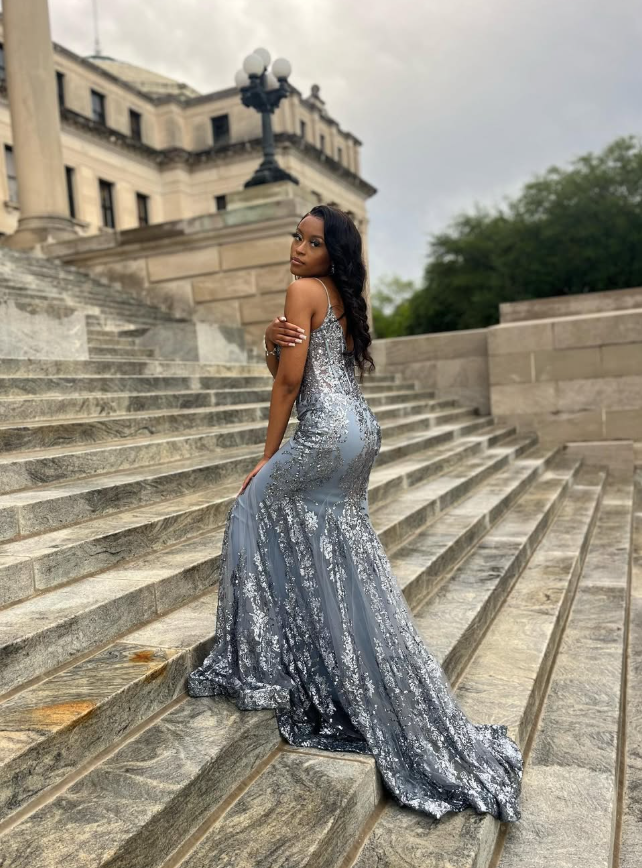 Sparkly Grey Mermaid Sequin Tulle Long Prom Dresses Sexy Formal Evening Dress DP3070