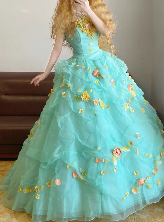 Blue Ball Gown Straps Floral Organza 16th Birthday Dress Quinceanera Dress DP4097