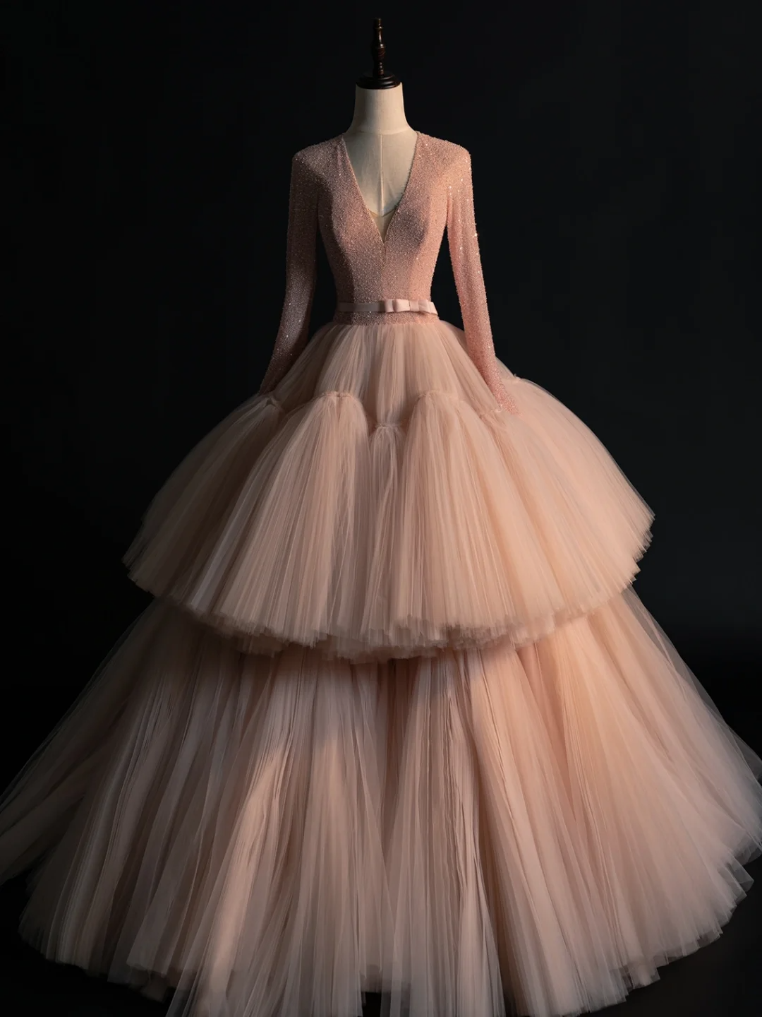 Unique A Line V Neck Long Sleeve Pink Sequin Tulle Prom Dress Evening Dress DP2178