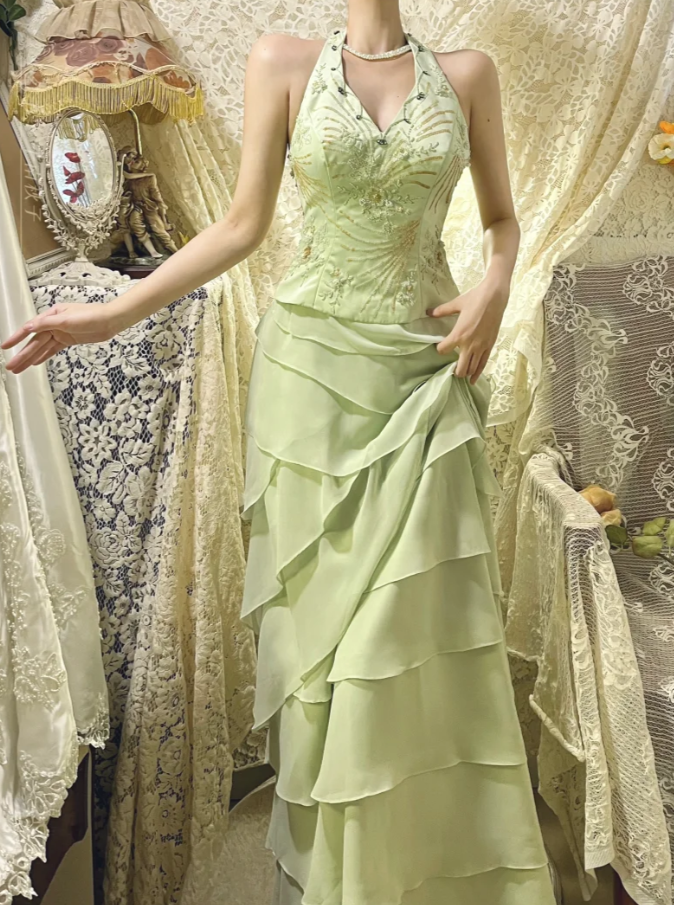 Vintage Sheath V Neck Beaded Green Layered Chiffon Prom Dress Wedding Guest Dress DP4280