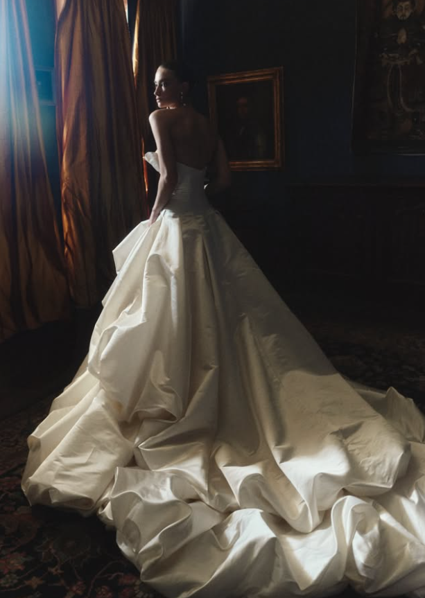 Unique Ball Gown Strapless Pleated Ivory Satin Long Train Wedding Dress DP5825