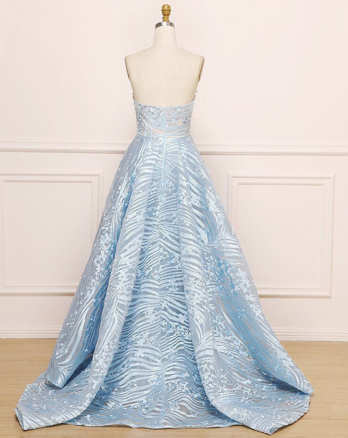 Elegant A Line Sweetheart Neck Appliques Sky Blue Tulle Prom Dress Evening Dress DP1526