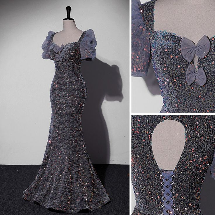 Shiny Grey Sequins Evening Dress Mermaid Bow Prom Dress DP209