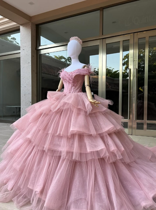 Gentle Exquisite Beaded Feather Off the Shoulder Layered Tulle Ball Gown Sweet 16 Dress Quinceanera Dress DP3023