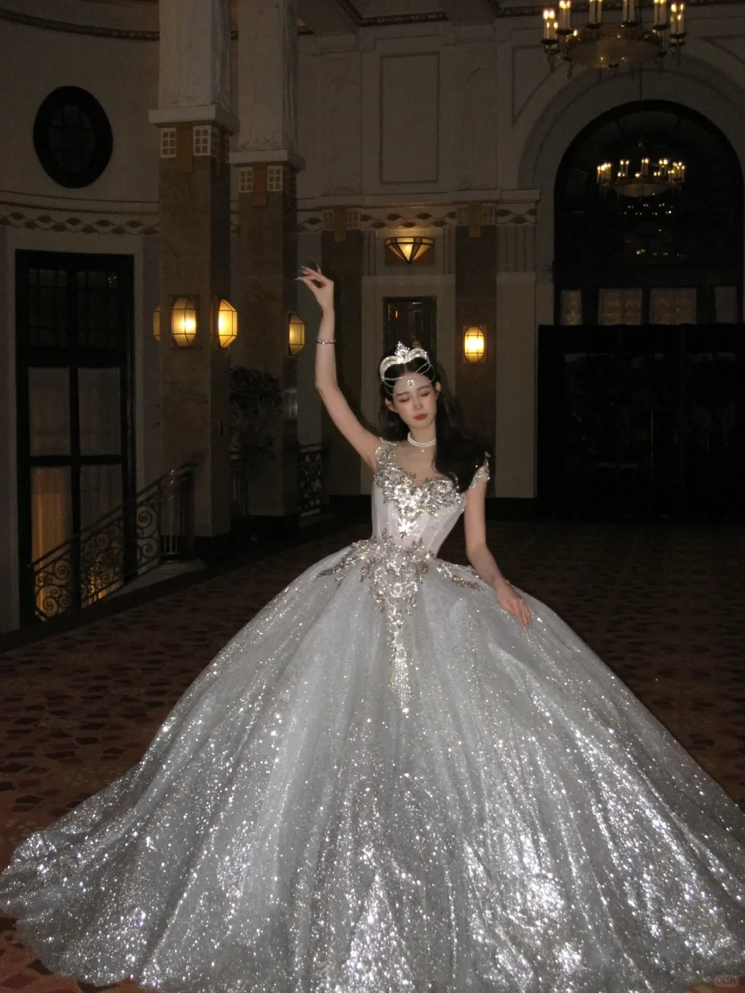 Elegant Ball Gown Off the Shoulder Beaded Silver Sequin White Tulle Prom Dress Wedding Dress DP4244