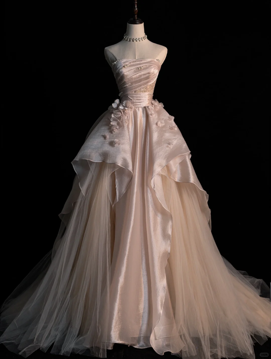 Elegant A Line Sweetheart Neck Pearl Flower Sequin Satin Tulle Prom Dress Evening Dress DP2177