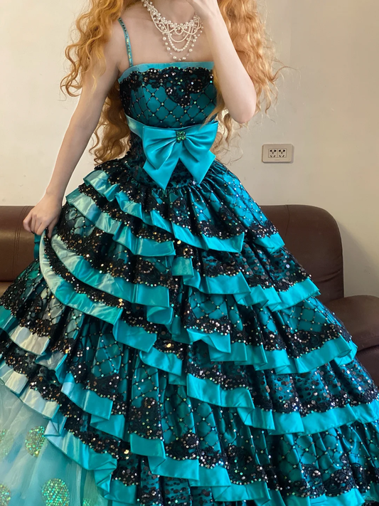 Blue Ball Gown Spaghetti Straps Black Lace Satin 16th Birthday Dress Party Dress Quinceanera Dress DP4089