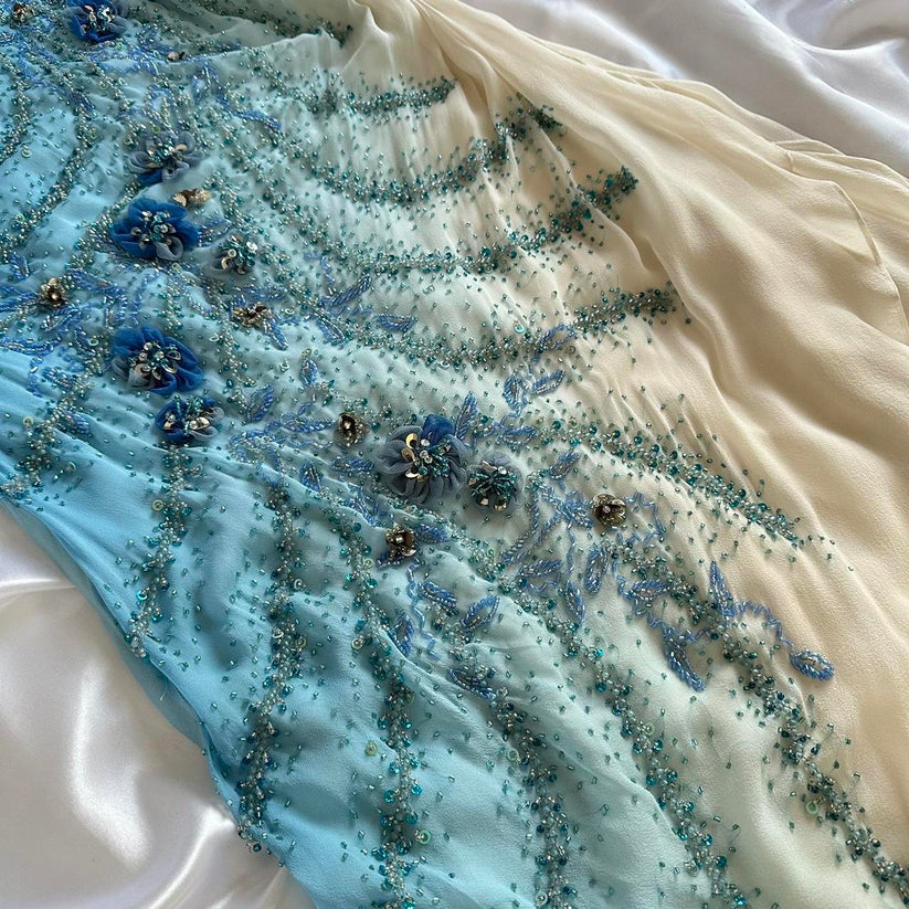 Exquisite Retro Blue Ombre Beaded Flower Chiffon Long Party Dress Date Dress DP2933