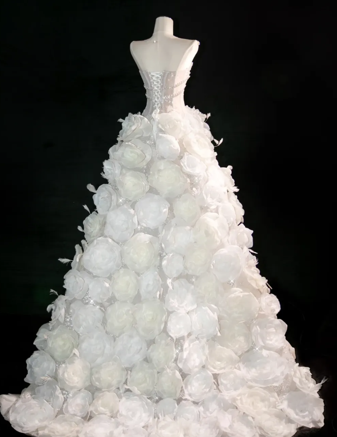 3D Flower White A Line Sweetheart Neck Rhinestone Tulle Long Prom Dress DP2754