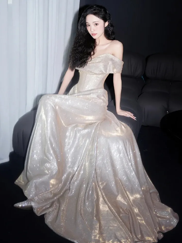 Shiny A Line Off the Shoulder Champagne Sequin Long Prom Dress Party Dress DP2625