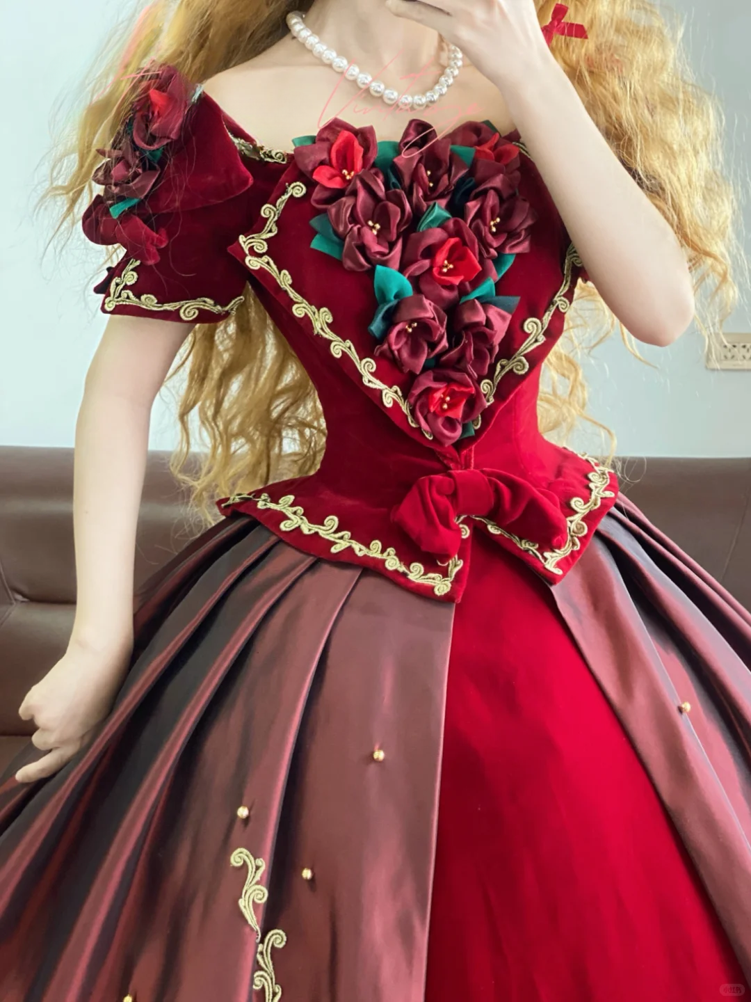 Vintage Ball Gown Floral Burgundy Satin Velvet Prom Dress 22 Birthday Dress DP4074