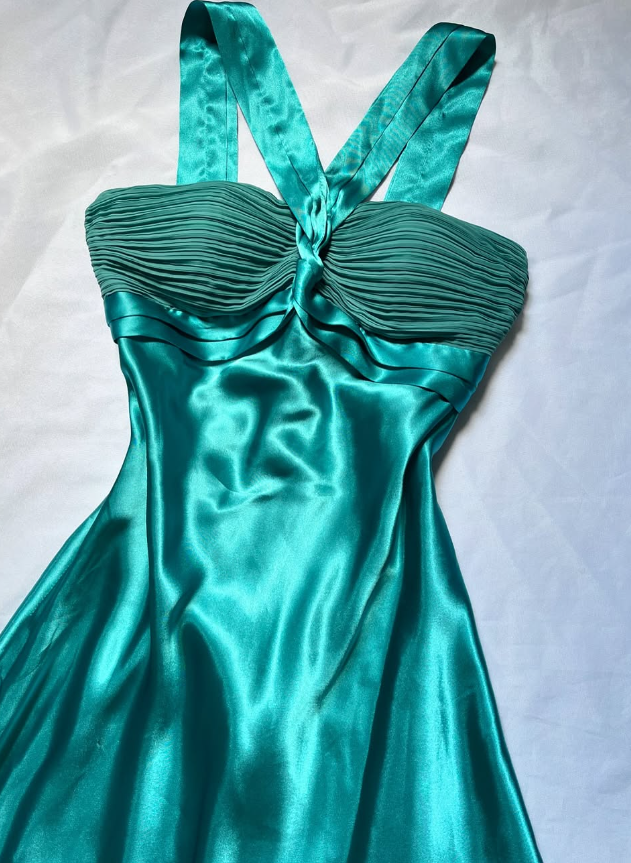 Vintage A Line Halter Blue Satin Long Prom Dress Evening Dress DP2139