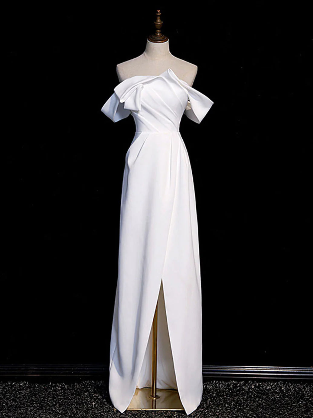 Simple White Off the Shoulder Satin Long Prom Dress Formal Dress with Slit DP1159