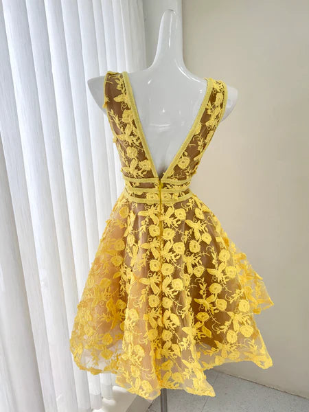 Vintage A Line V-Neck Applique Tulle Short Homecoming Dress DP778
