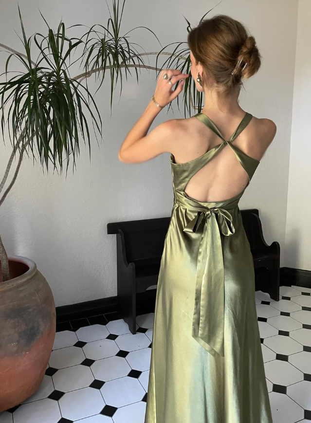 Green Sheath Halter Bow Satin Open Back Prom Dress Graduation Prom Dress DP2165