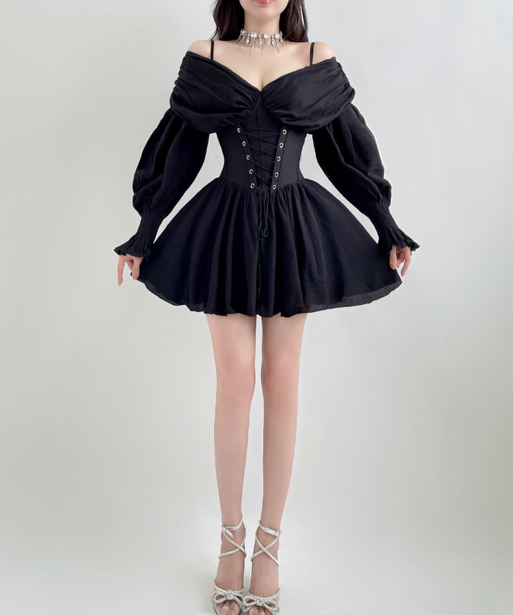 Pretty A Line Long Sleeve Corset Black Chiffon Short Party Dress Homecoming Dress DP3019