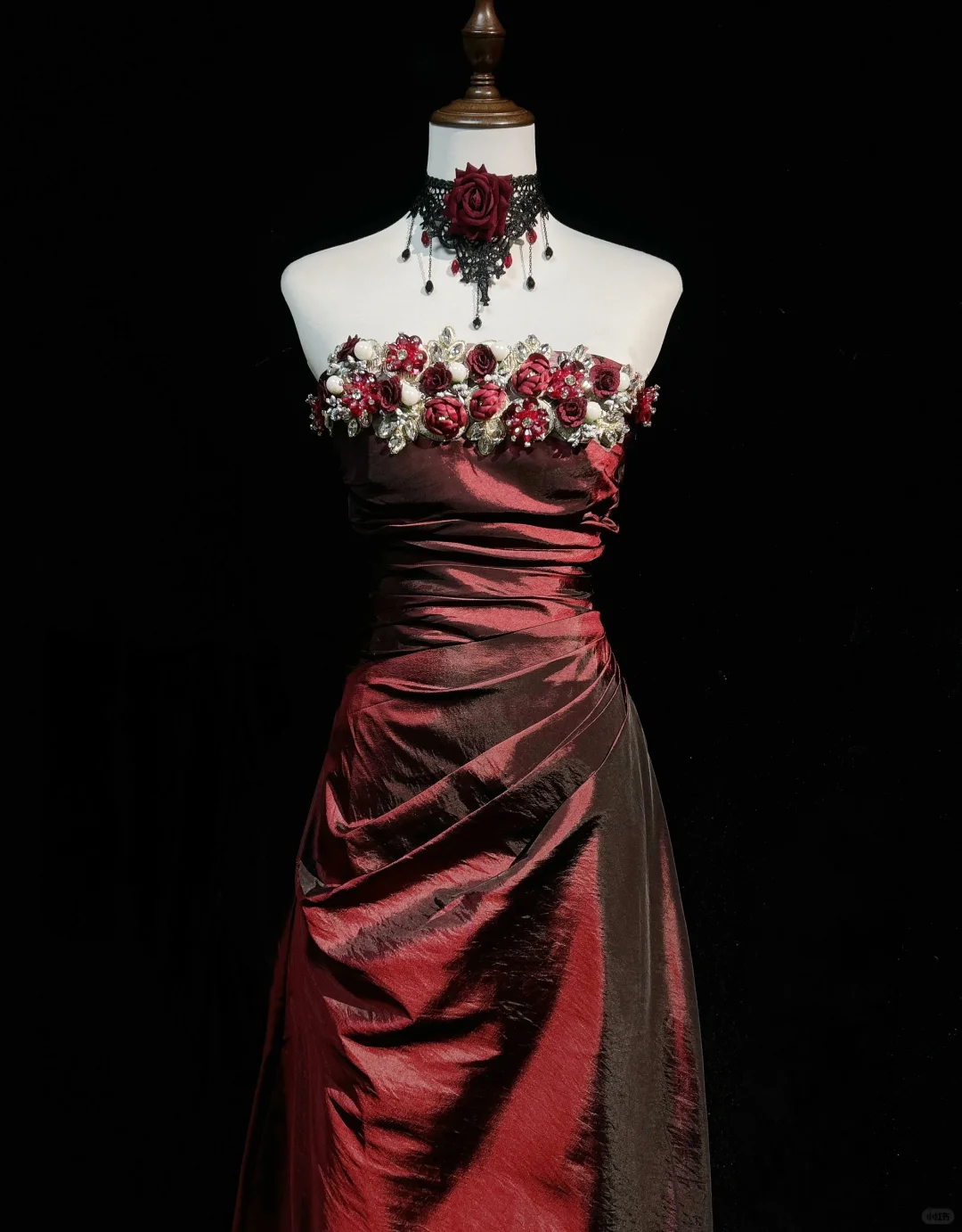 Vintage A Line Strapless 3D Flower Burgundy Satin Prom Dress Party Dress DP2771
