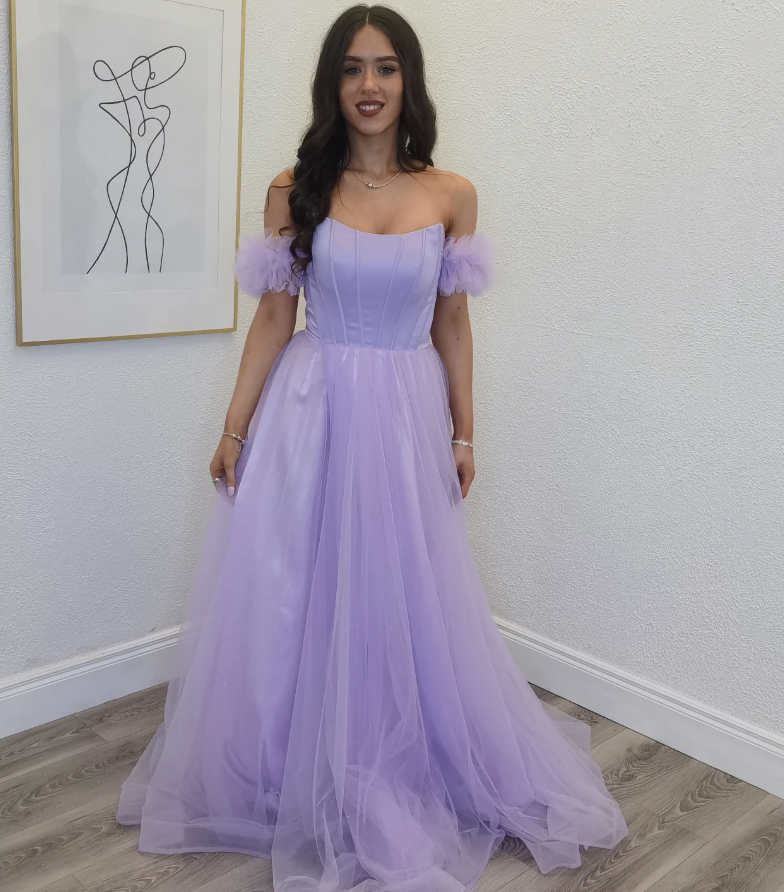 Sweety Purple A Line Off the Shoulder Tulle Satin Long Prom Dress Outfits DP6329