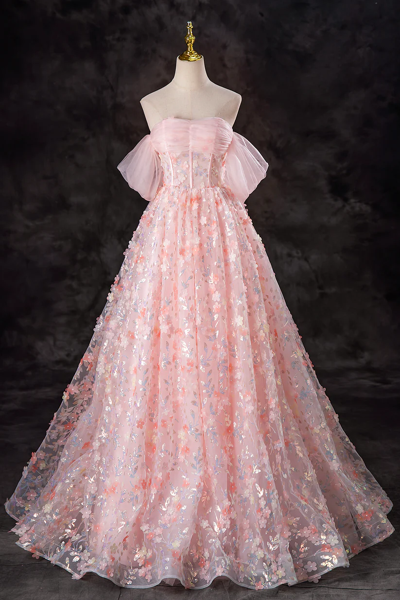 Pink Tulle Flowers Long Formal Dress Off the Shoulder Evening Party Dress DP490