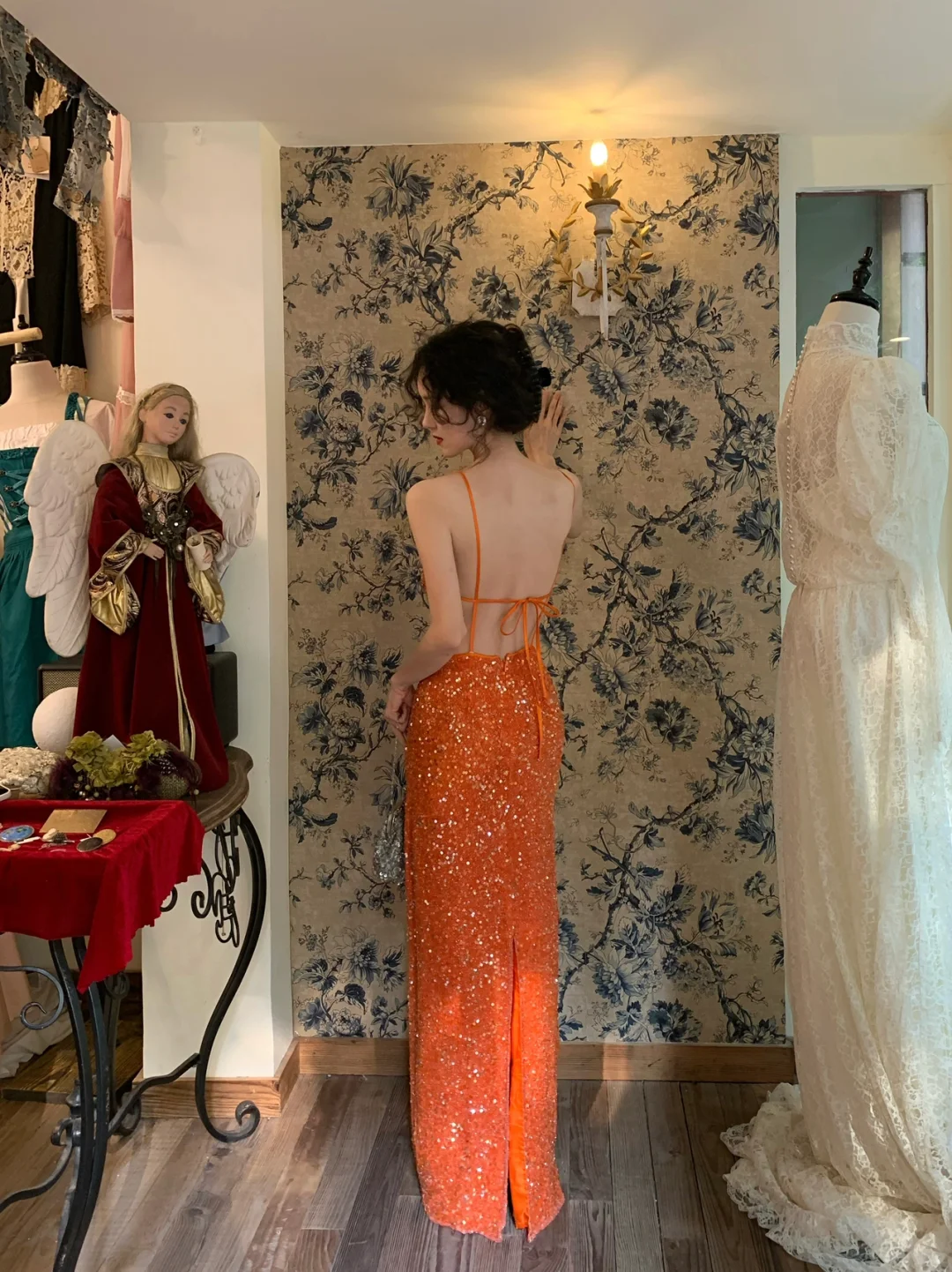 Backless Vintage Orange Sheath Spaghetti Strap Beaded Chiffon Prom Dress 19th Birthday Dress DP3928