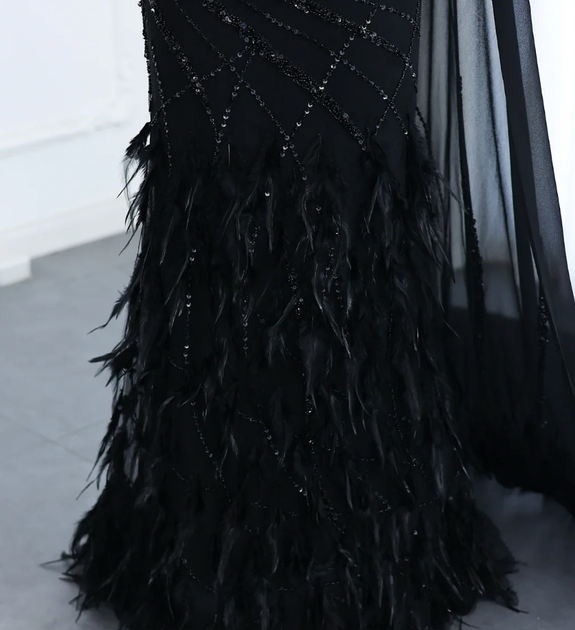 Luxurious Sheath One Shoulder Beaded Feather Long Prom Dress Evening Dress DP1494