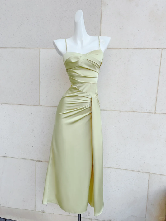 Gentle A Line Spaghetti Strap Light Green Satin Party Dress Evening Dress DP2590