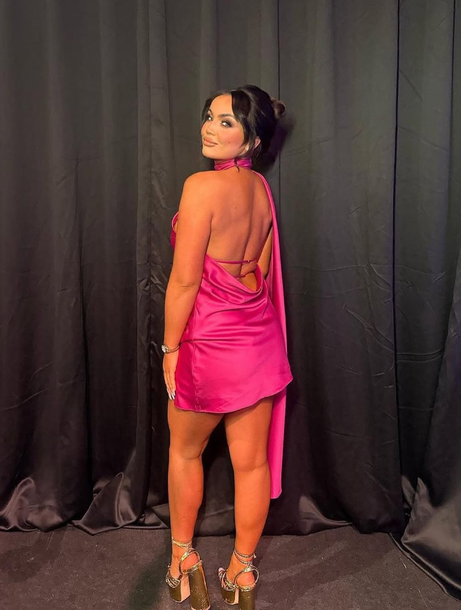 Hot Pink Sheath Halter Satin Short Open Back Homecoming Dress Birthday Dress DP1765