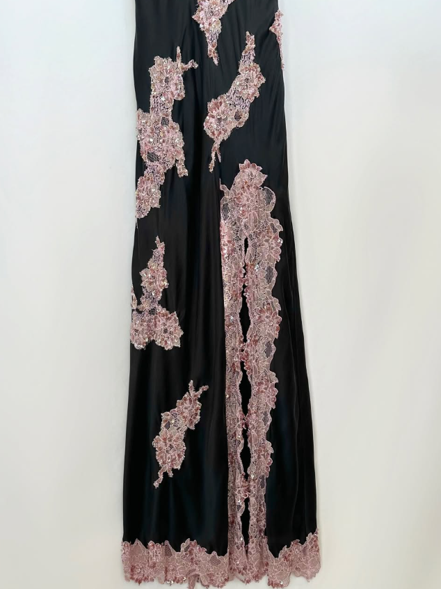 Vintage Sexy A Line Spaghetti Strap Pink Lace Black Satin Prom Dress Evening Dress Date Dress DP3039