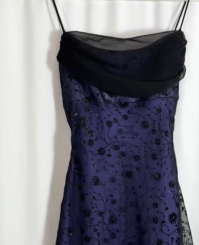 Vintage Exquisite Black Beaded A Line Spaghetti Strap Purple Satin Prom Dress Evening Dress Date Dress DP3037