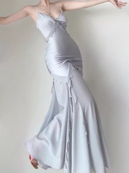 Gentle Mermaid Spaghetti Strap Pearl Chiffon Satin Prom Dress Evening Dress Party Dress DP3583