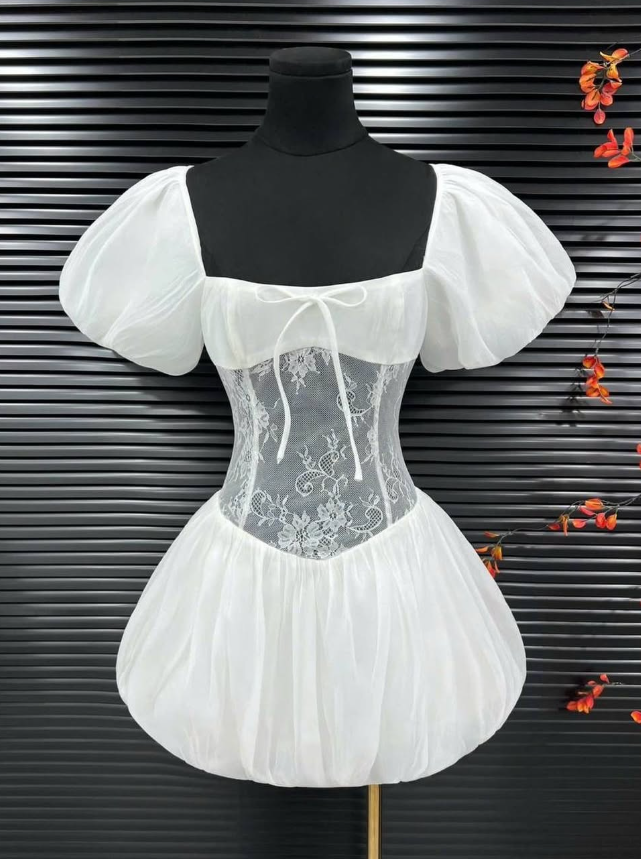 Cute Puff White Lace Satin Short Homecoming Dress Date Dress DP2956