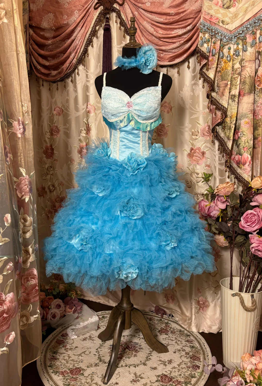 Blue Retro A Line Spaghetti Strap Floral Lace Tulle Satin Homecoming Dress Cocktail Dress DP3177