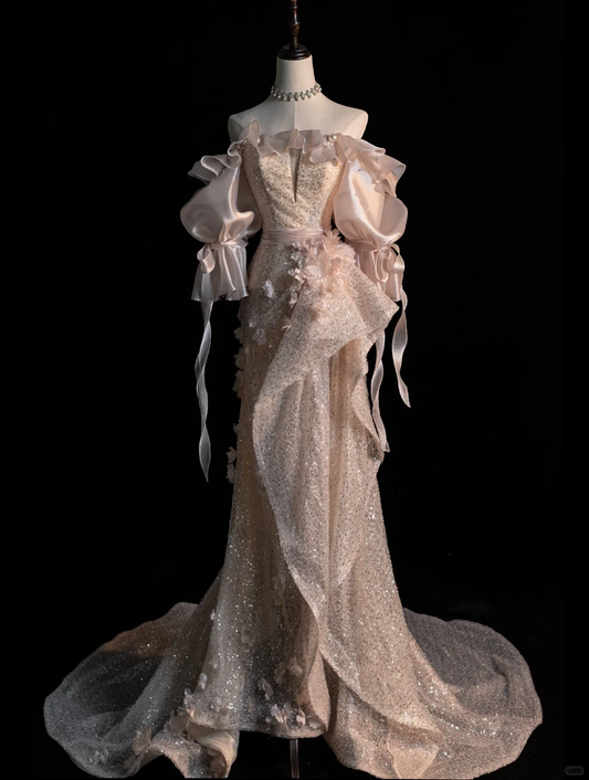 Stunning Mermaid Long Sleeve Sequin Satin Long Prom Dress Party Dress DP2519