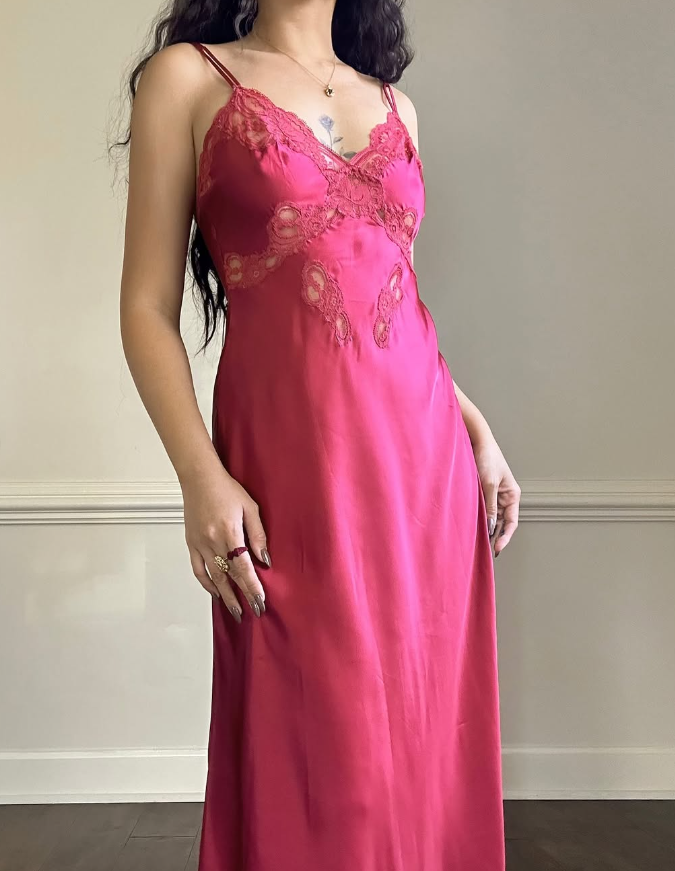 Hot Pink A Line Spaghetti Strap Lace Satin Prom Dress Evening Dress DP1899