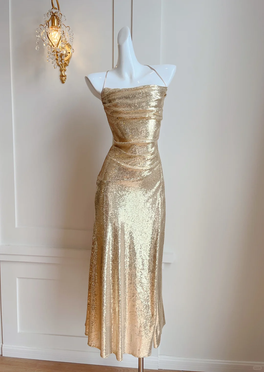 Sexy A Line Halter Gold Sequin Open Back Party Dress Cocktail Dress DP2646