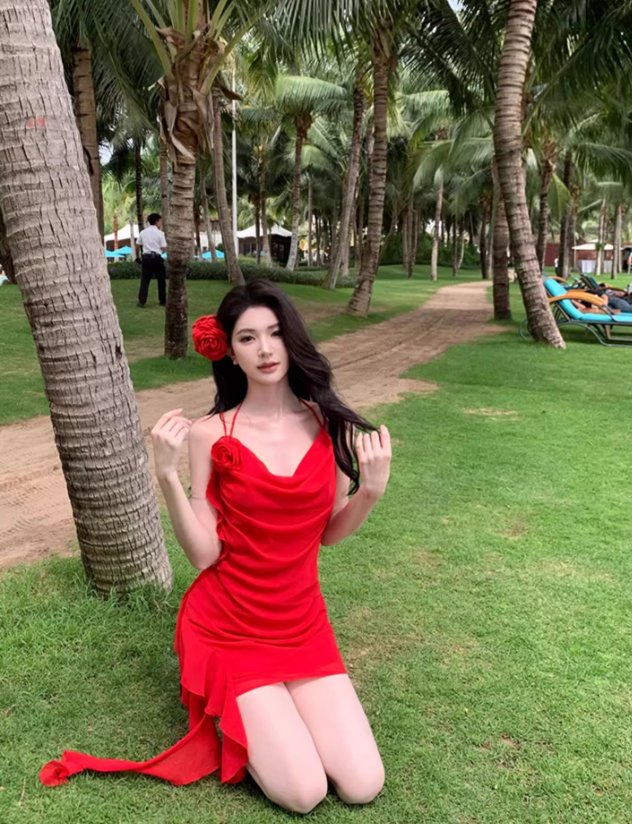 Backless Sheath Strap Red Chiffon Homecoming Dress Vacation Dress Outfits DP3407