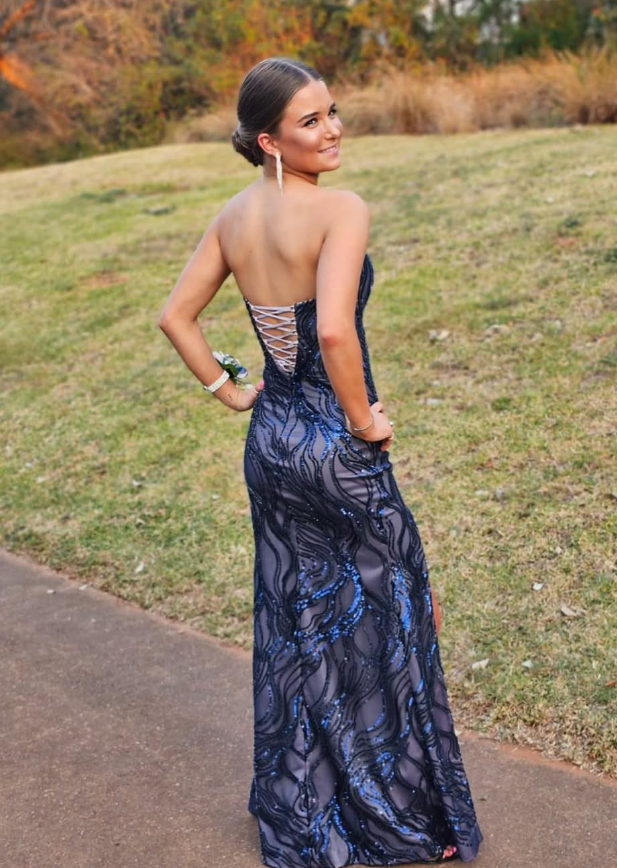 Sexy Sheath Strapless Sequins Satin Long Prom Dress Evening Dress with Slit DP1485