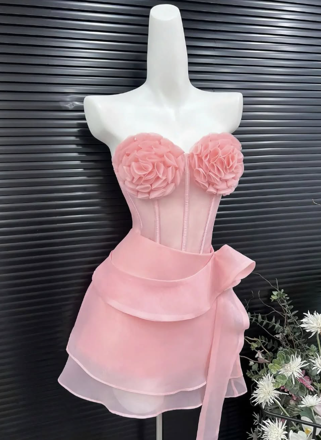 Pink A Line Sweetheart Neck Flower Layered Organza Mini Homecoming Dress Birthday Dress DP2614